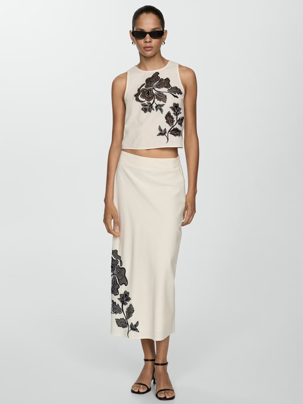 Mango Cream Tank Top with Black Floral Applique
